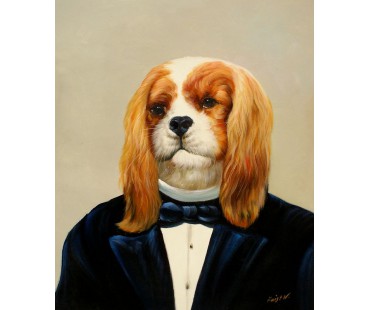 Cavalier Hund im Kleid, handgemaltes Ölbild